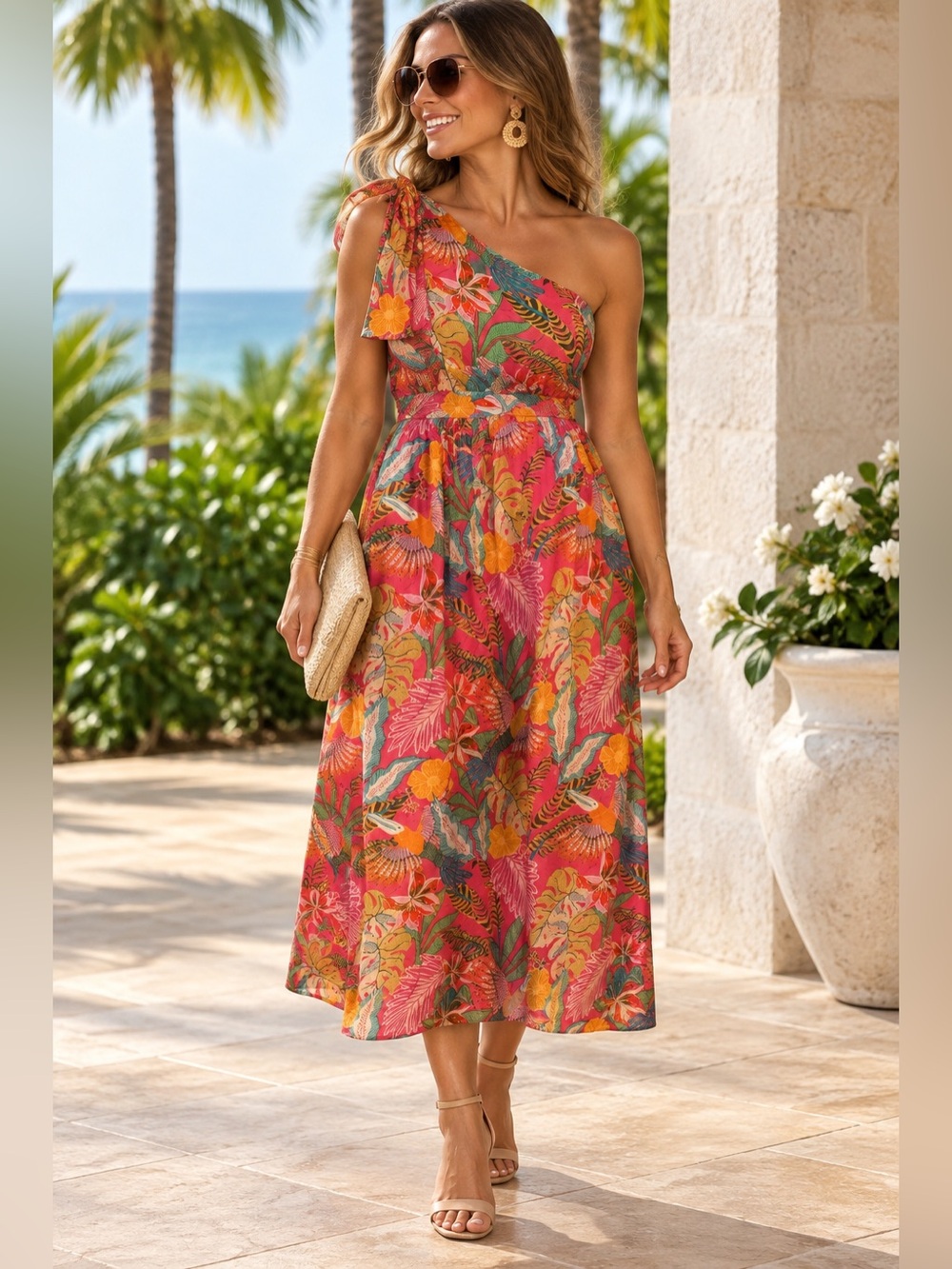 Gibson & Latimer Tropical One Shoulder Midi Dress Size XL